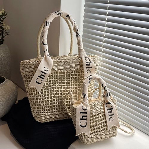 Sac à bandoulière léger en paille beige avec différentes options de transport