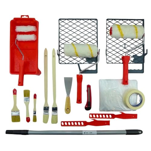 ROTIX Komplettes Malerset | 20-teilig für Anstrich von Wand und Decke | Farbroller Pinsel Abdeckfolie Klebeband Teleskopstange und praktische Helfer