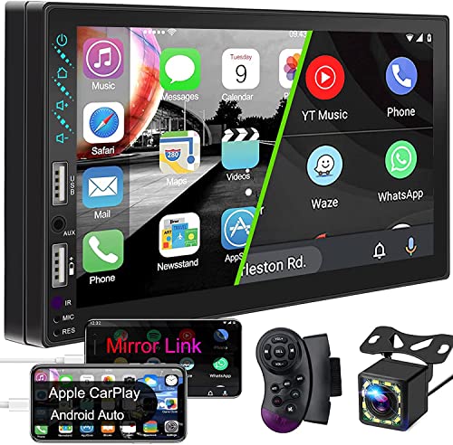 Autoradio 2 DIN Compatible avec Commande Vocale iOS Carplay&Android Auto, Écran Tactile LCD HD 7 Pouces avec Bluetooth 5.1, Lecteur MP5, Entrée A/V, USB, AM/FM/RDS, Caméra de Recul, Lien Miroir, SWC