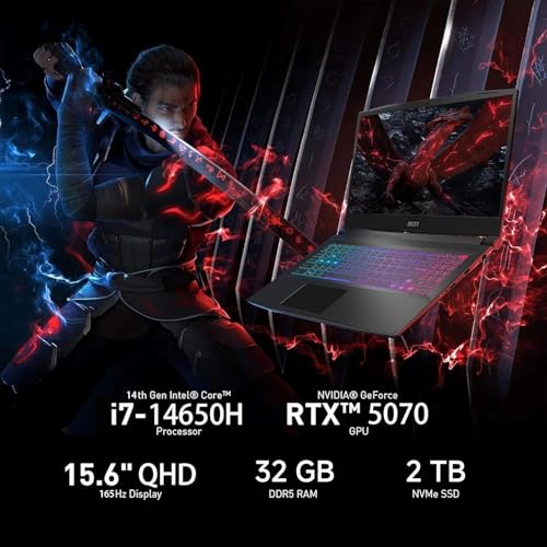 Image of MSI Katana 15HX 15.6 inch Gaming Laptop, 2560 x 1440 2.5K QHD Display, 14th Gen Intel Core i7-14650HX, NVIDIA GeForce RTX 5070, 32 GB DDR5 RAM, 2 TB SSD, RGB KB, Copilot AI, Win 11 Pro, w /Accessories