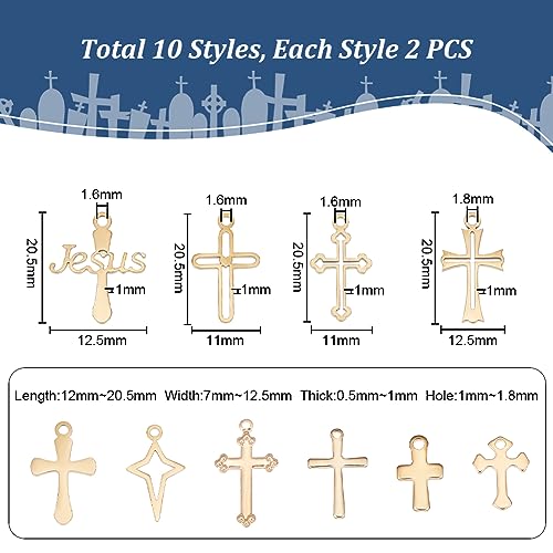 UNICRAFTALE 20Pcs 10 Style Cross Pendant Charms 304 Stainless Steel Cross Earring Pendants 12~20.5mm Long Golden Metal Cross Charms Punk Star Cross Pendants for DIY Bracelet Necklace Jewelry Making - Image 2