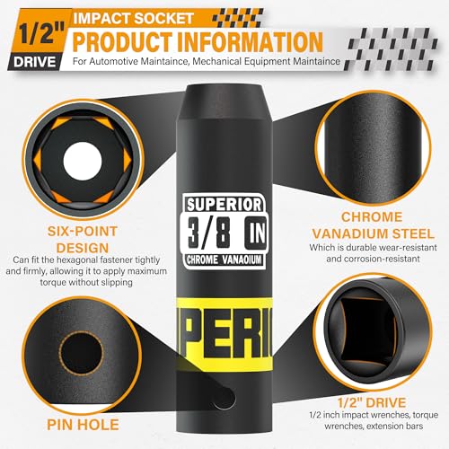 Image of 1 /2 inch Drive Impact Socket, 3 /8 inch Deep Socket, SAE, 6 Point, CR-V, for Car Repair, Loosen the Fastening Nut