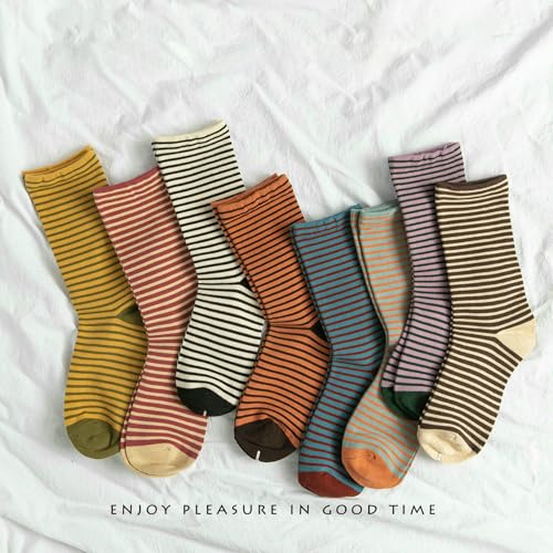 5 pairs - autumn and winter French plain striped socks, cotton student minimalist mid-tube socks4