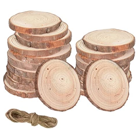 20 Stücke Holzscheiben zum Basteln Bemalen Natürliche Baumscheiben mit Loch Kiefer 8 zu 9 cm Durchmesser Cover