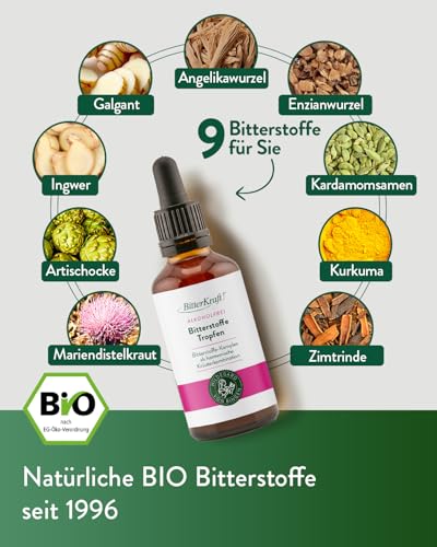 BitterKraft! Original BIO Bitterstoffe Tropfen alkoholfrei - 50 ml Pipette – Hildegard von Bingen – 9 erlesene Bitterkräuter - Verdauungsfördernd – hochdosiert- 100% Natur – Vegan – Made in Germany