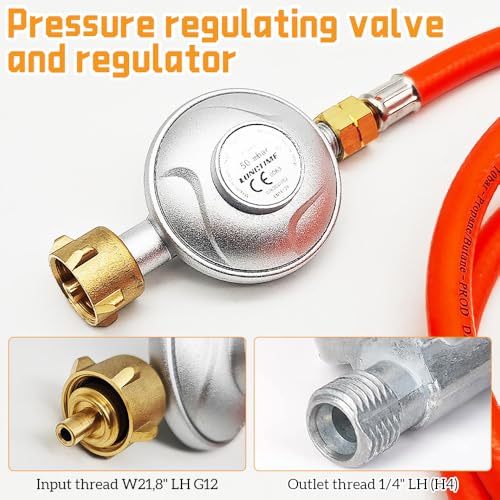 KQWVZ Gasschlauch Mit Druckminderer, Druckminderer Gasflasche, Gasdruckregler 50mbar, Gasregler Druckminderer Set, 150 cm Gasschlauch, 1/4 Links, Für Camping Picknicks Grillpartys Gasgrill