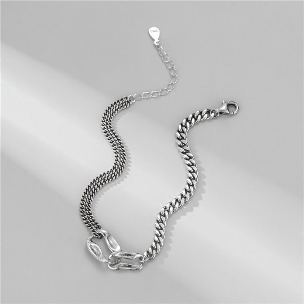 Armband Damen Silber,S925 Silber Armband Silber Doppelring Anhänger Schlangenkette Nähte Silberarmband Armreif Mit Verstellbarer Silberkette Glücksschmuck Für Frauen