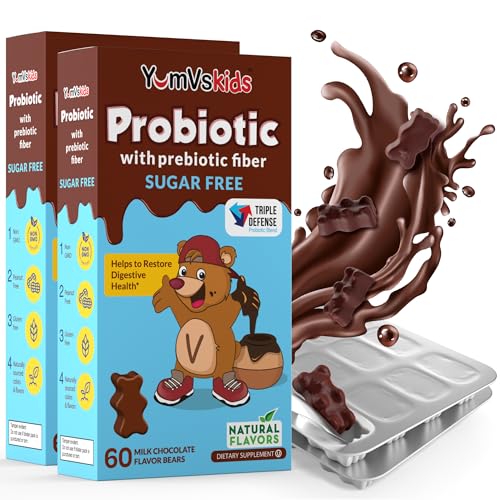YUM-V'S Probiotic & Prebiotic Kids Sugar-Free Chocolate Chewable Fiber Supplement for Digestive Health (Toddlers, Kids & Teens) – 60 Chewables (2-Pack)