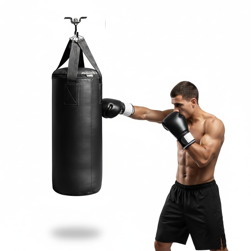 Melko Boxsack Sandsack 10 kg inkl. Boxhandschuhe Aufhängung 56x26 cm | gefüllt, inkl. Bandagen und Deckenbefestigung, aus Kunstleder, Handschuhe 6 oz, für Kickboxen und Training zuhause