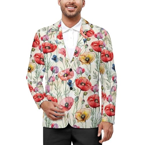 Poppy Flowers Men's Classic Fit Suit Two Button Novelty Printed Casual Stylish Blazer