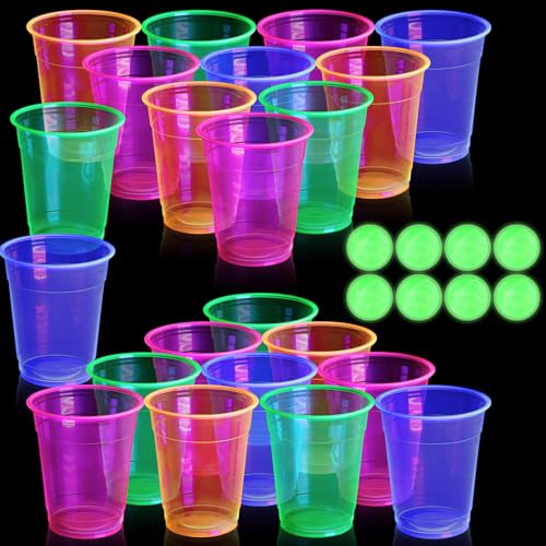 Ferrochef 32 Pcs Glow in the Dark Party Table Tennis Game Set Include 24 Pcs Glowing Plastic Cups and 8 Balls for Indoor Outdoor Party Event Pack with Flashing Color for Birthdays Weddings BBQ Parties