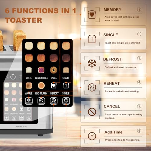 4 Slice Toaster Touch Screen, Stainless Steel Toasters Digital Timer, Dual Control Panel Toasters, 8 Shade Settings 6 Bread Types for Bagel, Cancel, Defrost 1650W - Image 6