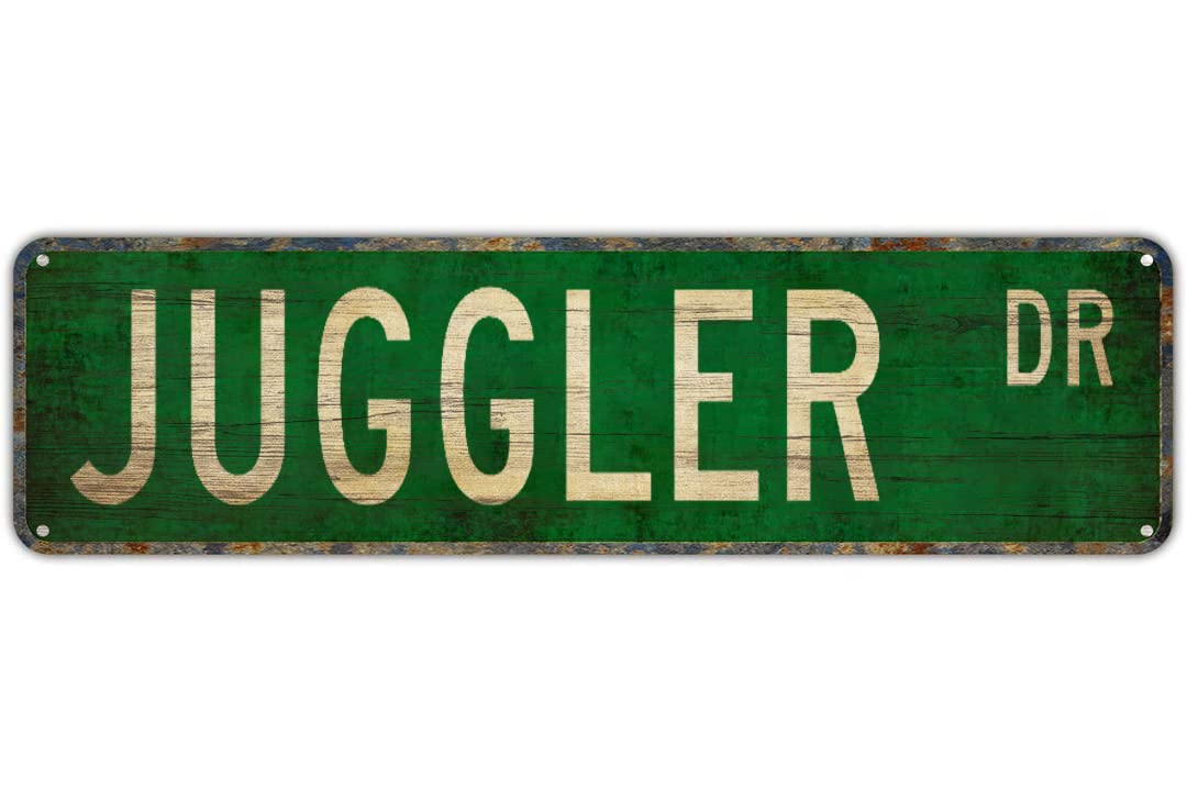 peiyeety Juggler Dr Vintage Street Sign | Rustic Hobby Themed Wall Decor Retro Metal Plaque for Home Game Room Garage Bar Farmhouse Patio Man Cave Waterproof Durable Wall Art 4x16 Inch