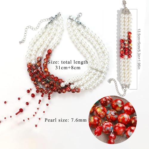 Wryzorix Halloween Accessoires Damen, 5 Stück Halloween Tattoo Narben Halloween Blutige Perlenkette Vampir Schmuck Blut Kostüm Damen, Armband Ohrringe Halskette Halloween