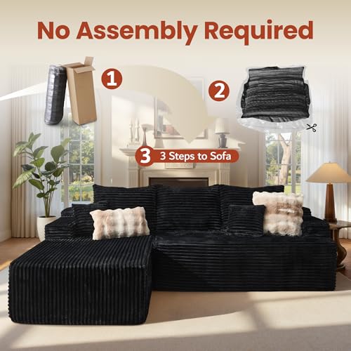 Image of ovios 96 inch Cloud Sectional Couch with L-Shape Chaise,Modern Modular Sofa with Deep Seat, Upholstered Couches for Living Room Bedroom,No Assembly Required, Black (Plush Corduroy Fabric)