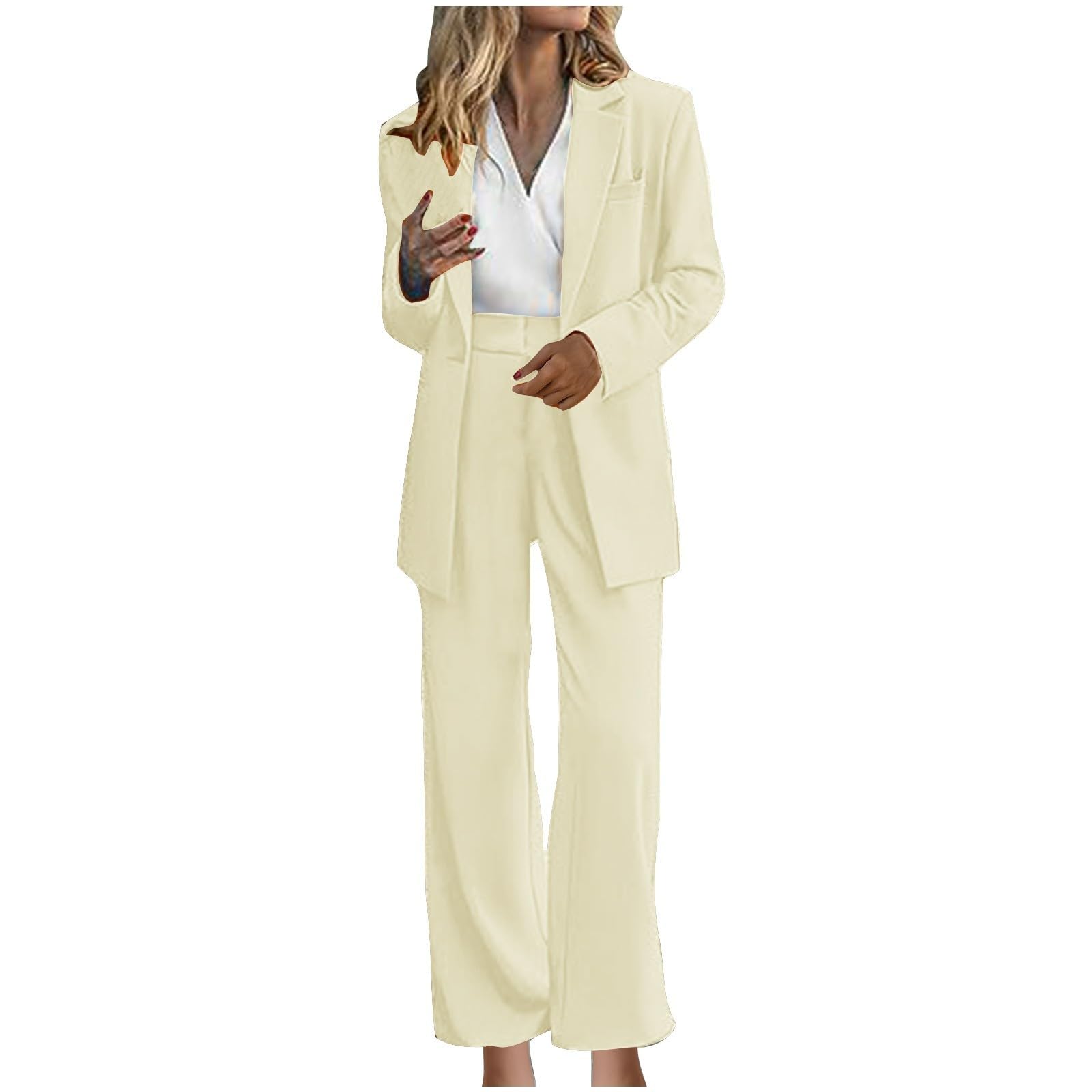 Traje de 2 piezas para mujer, elegante, casual, manga larga, solapa con muescas, chaqueta de pierna ancha, elegante, formal, para oficina, trabajo, oficina, boda, fiesta, trajes