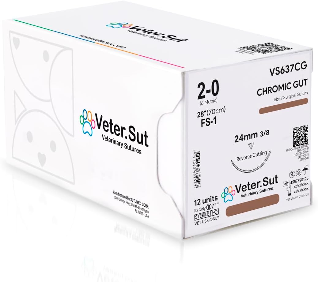 VeterSut CHROMIC Gut Absorbable Surgical Suture USP Size 2-0, (FS-1) 3/8 24mm Reverse Cutting Needle, 28 Inches (70 cm), 12 Count, Veterinary Use