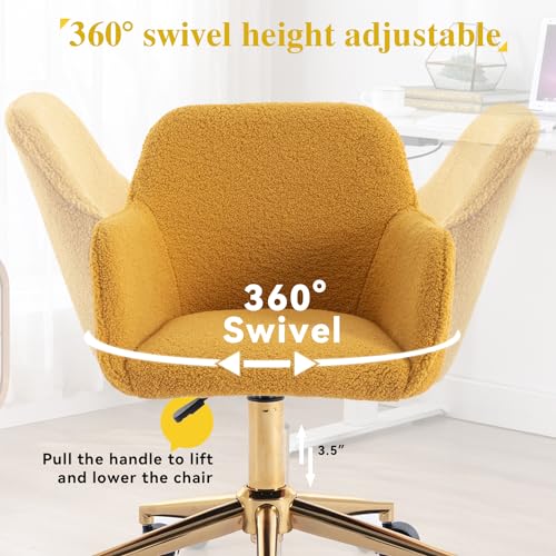 Image of FOXHUNTER Vanity Chair with Wheels 360 Swivel, Teddy, Yellow | Home office desk chairs,adjustable height accent chair for living room,bedroom