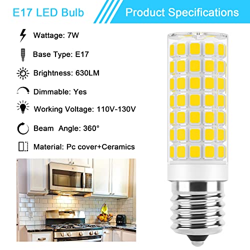 Image of E17 LED Bulb Dimmable 7W Microwave Over Stove Bulbs, 60W Incandescent Equivalent, Warm White 3000K, Fit for Whirlpool Maytag GE Kenmore LG Microwaves, Replaces 8206232A 1890433 AP4512653, 2 Pack