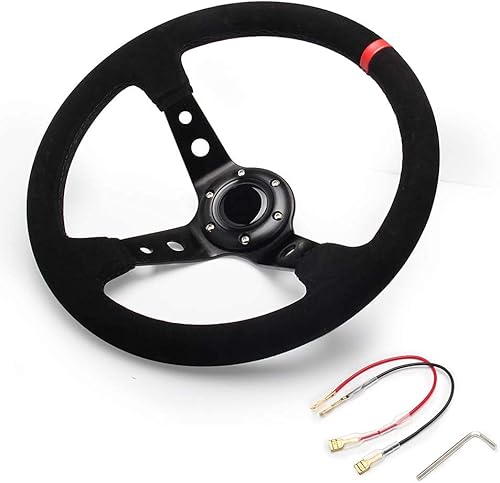 Miniatura 7 de Volante de 14 pulgadas de profundidad de 13.780 in, plato de 6 pernos para volante de carreras deportivas, botón de cuerno de gamuza incluido EE.