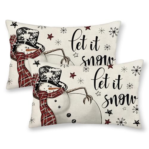 Christmas Pillow Covers 12x20 Pack of 2 Red Snowman Snowflake Decorative Throw Pillow Covers Winter Holiday Pillowcase Farmhouse Lumbar Linen Cushion Case for Home Sofa Christmas Decor