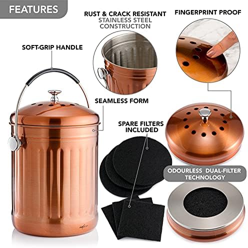 RED FACTOR Premium Compost Bin for Kitchen Worktop - Stainless Steel Food Waste Caddy with Innovative Dual Filter Technology - Includes Replacement Filters (Matt Copper, 5L)