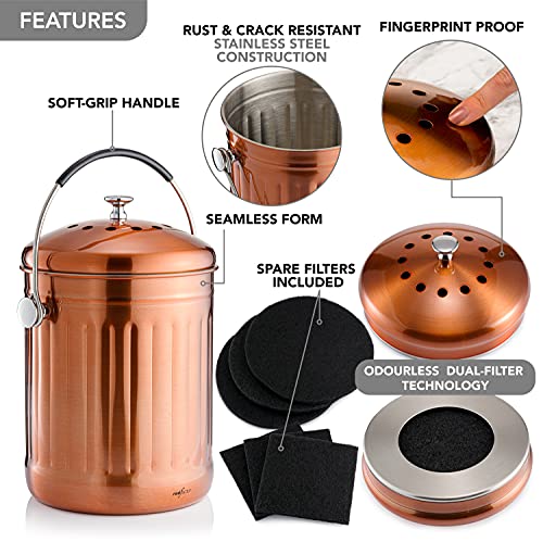 Red Factor Premium Compost Bin For Kitchen Countertop - Stainless Steel Food Waste Bucket With Innovative Dual Filter Technology - Includes Spare Filters (Matt Copper, 1.3 Gallon) #TOP4