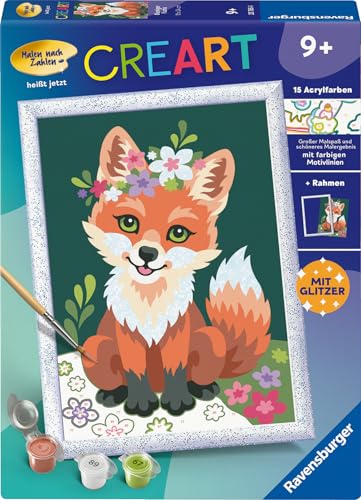 Ravensburger CreArt 23765 - Blumiger Fuchs - Malen nach Zahlen für Kinder ab 9 Jahre, Malset mit Rahmen, Pinsel und Acrylfarben, Geschenk für Mädchen und Jungen, mit Glitzer
