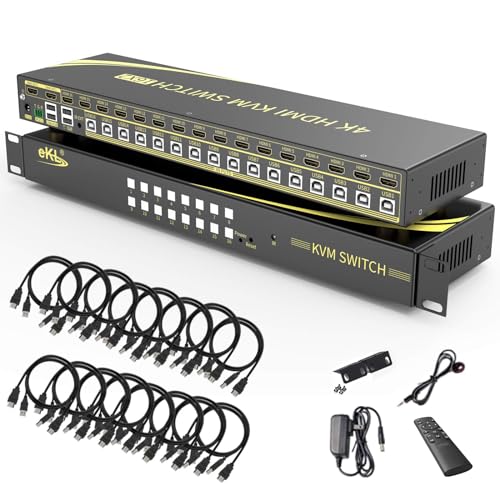 eKL 16 Port HDMI KVM Switch Supports Hotkeys Switching up to 4K@60Hz 4:4:4 16 PCs Laptops Sharing with One Set of Keyboard and Mouse