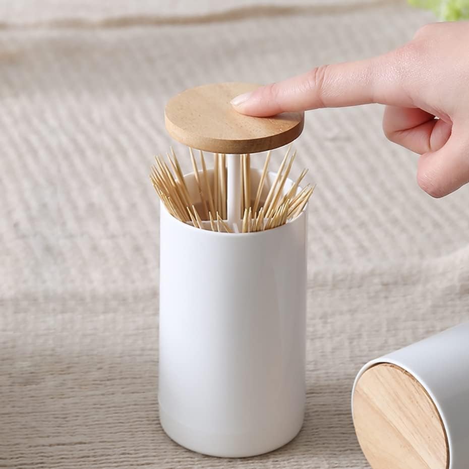 ALMOZA Toothpick Cotton Swabs Holder Dispenser – 4 Grid Pop-up Toothpick Dispenser with Wood Cover, Automatic Toothpick Holder for Kitchen, Table, Restaurant, Home, Compact & Durable-image-3