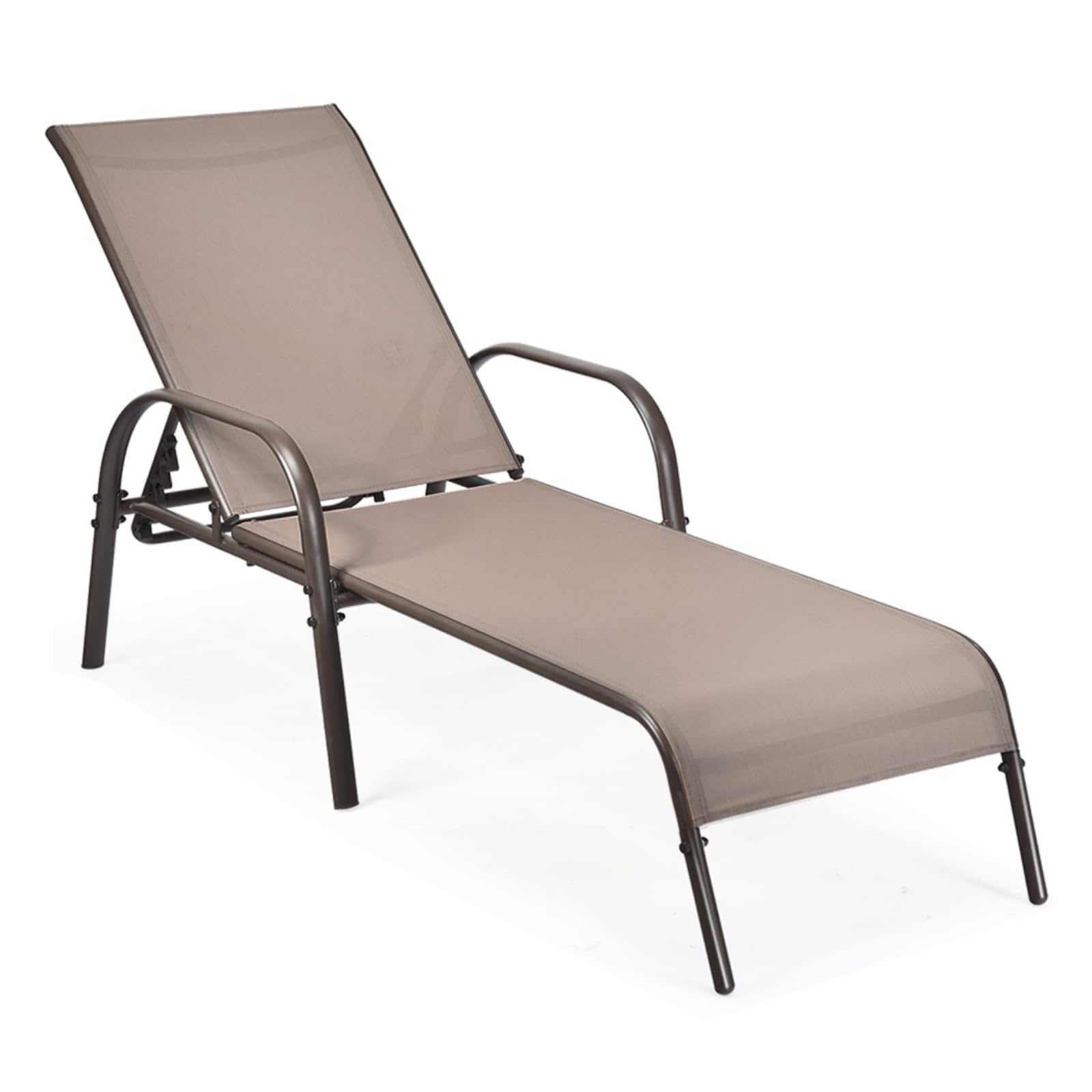 COSTWAY Garden Sun Lounger, 5-Level Adjustable Patio Chaise Lounge Recliner Deck Sunbed, High Back Metal Frame Outdoor Sunbathing Reclining Chair for Balcony, Poolside and Beach (Brown)