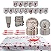 Fiakup Zestaw zastawy stołowej na Halloween z papierowymi talerzami, serwetkami, kubkami i banerem Happy Halloween - w tym papierowe talerze, serwetki, kubki i baner Happy Halloween