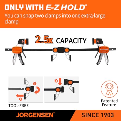 Image of Jorgensen E-Z Hold 400LBS 6 Inch Aluminum Handle Bar Clamps for Woodworking, 2-Pack One-Handed Medium Duty F Clamps Set, Expandable Clamp /Spreader with Load Limit Indicator, Woodworking Bar Clamps