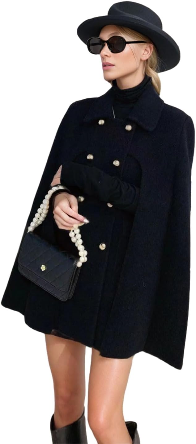 CHARTOU Women's Elegant Poncho Double-Breast Slit Sleeve Flowy Wool Blend Cape Cloak Coat - Image 2