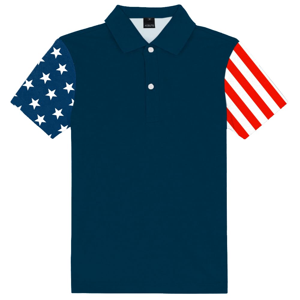 AOBUTE Kids 4th of July Polo American Flag Short Sleeve Button Down Shirts Tops 3-14 Years