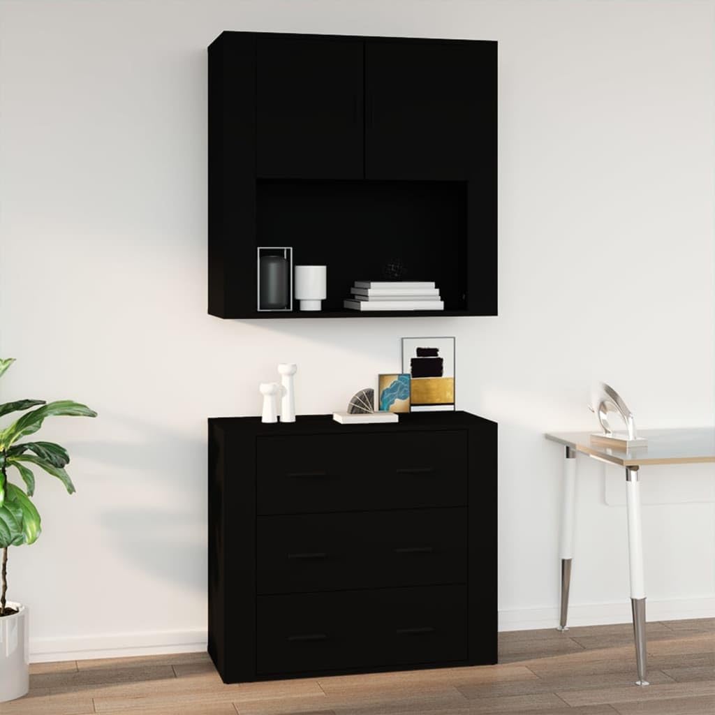 Armario decorativo para aparador, armario colgante de madera con instrucciones de montaje para montaje en pared, armario para cocina en negro, 80 x 33 x 80 cm