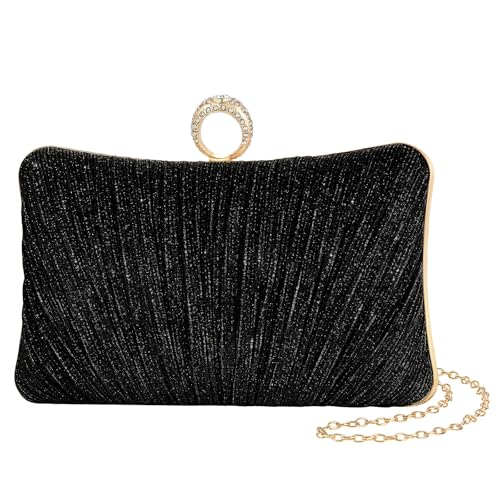 Image of Womens Golden Glitter Clutch Purse Pleated Evening Bag for Bridal Wedding Party with Rhinestone Ring