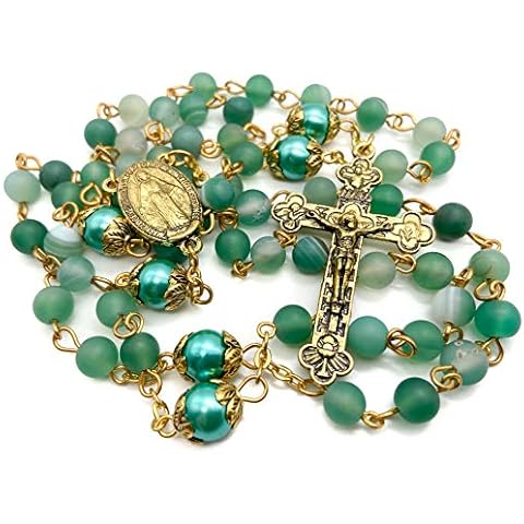Nazareth Store Catholic Gold Rosary Necklace Matte Stone Beads Green Pearl Round Beads Miraculous Medal & Cross - Velvet Bag Cover