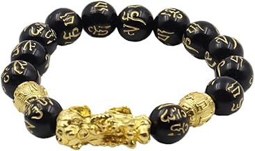 CENPEK Schwarzes Obsidian-Armband, chinesisches Feng-Shui-Perlen-Armband, goldenes Pixiu-Amulett-Armband, handgeschnitztes Amulett für viel Glück
