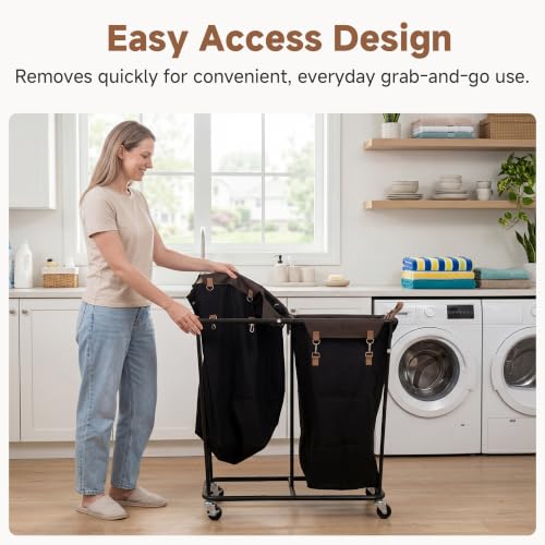 Image of StorageWorks 2 Section Laundry Hamper, 330L Extra Large Black Rolling Cart | 2 Section Laundry Hamper with Wheels, Black Rolling Sorter Cart for Bathroom, Hotel