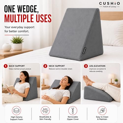 Image of CUSHIO Bed Wedge Pillow for Sleeping, Memory Foam Wedge Cushion for Acid Reflux, Back Support Pillow for Bed Sitting, Orthopedic Wedge Pillow for Neck & Back Pain, Leg Elevation Pillow (Grey)