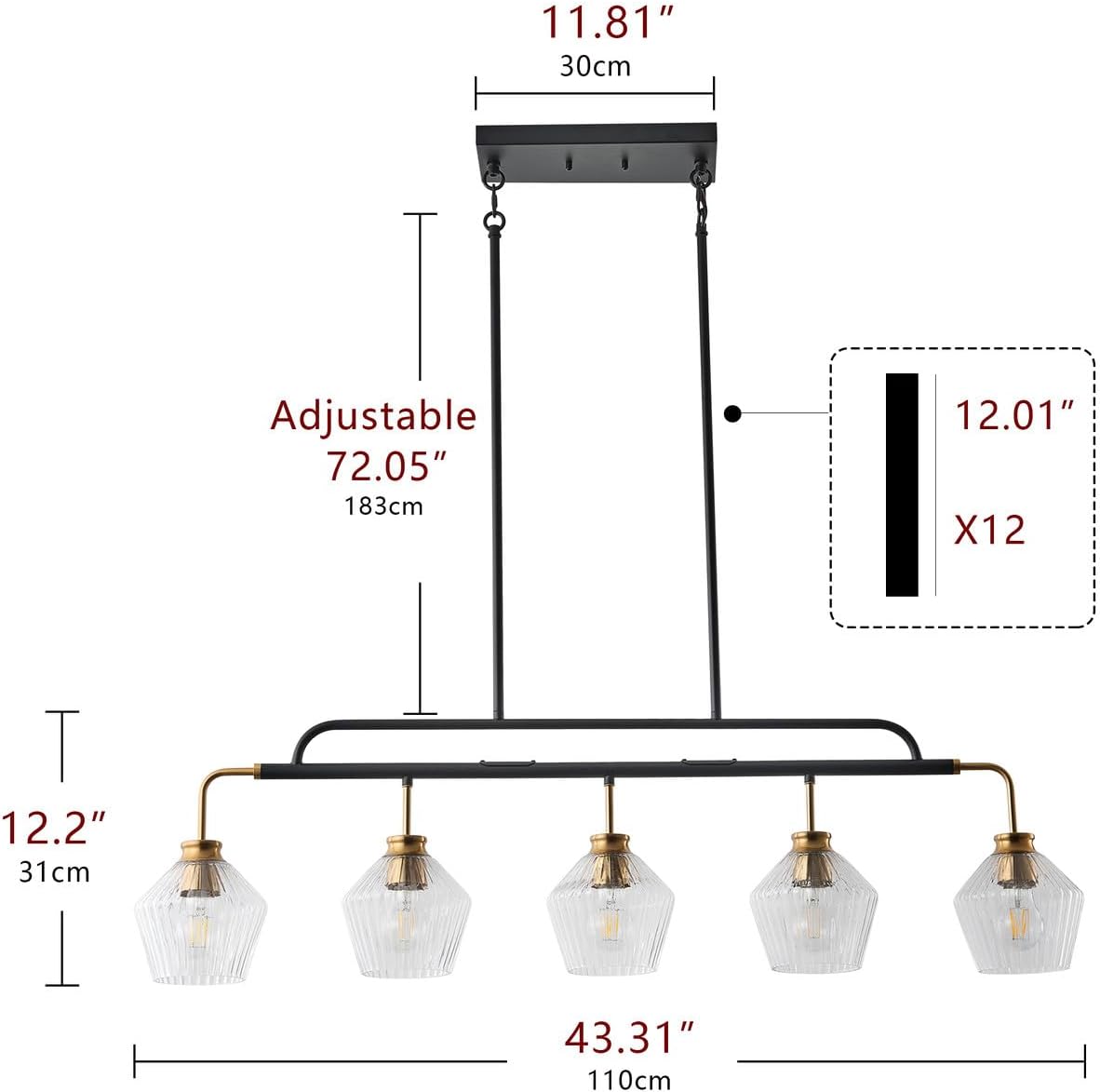 Aiwen 5-Light Dining Room Light Fixture, 43.31 in Farmhouse Linear Chandeliers with Glass Shades, Modern Industrial Black Chandelier, Pendant Light Over Table for Kitchen Island