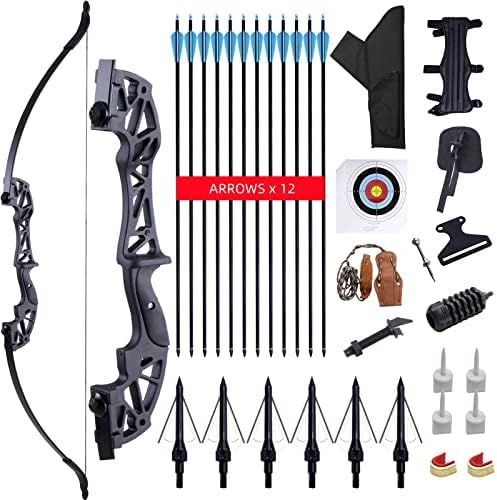Furqery Recurve Bow and Arrow for Adults 12 Carbon Arrows Hunting Bow Set 62" 40lbs Beginner Archery Longbows 12 Carbon Arrows Right Hand Target Practice Outdoor Training Takedown Bows Kit