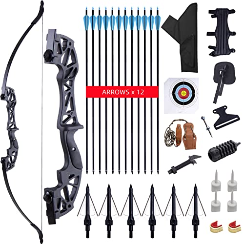 Furqery Recurve Bow And Arrow For Adults 12 Carbon Arrows Hunting Bow Set 62" 40Lbs Beginner Archery Longbows 12 Carbon Arrows Right Hand Target Practice Outdoor Training Takedown Bows Kit #TOP16