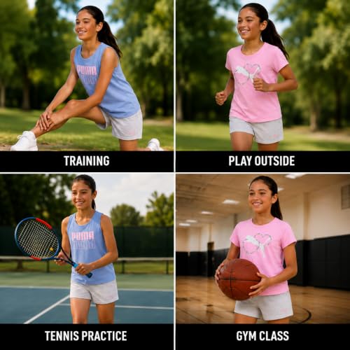 Image of PUMA Girls Active Shorts Set - 3 Piece Performance T-Shirt, Tank Top, Gym Shorts - Summer Athletic Outfit for Girls (7-14)