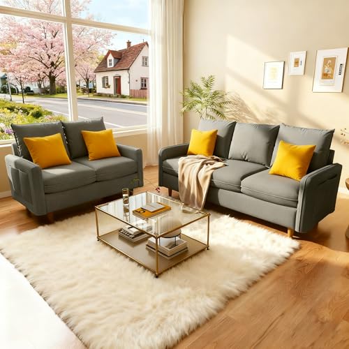 Meeyar 3-Sitzer +2-Sitzer Sofa, Kleines Sofa mit Massivholzbeinen und Seitentaschen, Abnehmbare Bezüge, Kurzplüschstoff Couch für Wohnzimmer, Schlafzimmer, Büro, Wohnung,Hellgrau (221+147 cm)