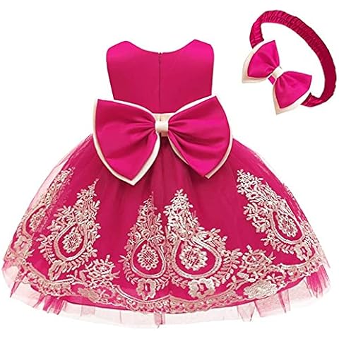 HOIZOSG Baby Bowknot Pageant Lace Embroidery Dress Toddler Girls Birthday Wedding Formal Party Tutu Gown w/Headwear Hot Pink 2-3T Cover