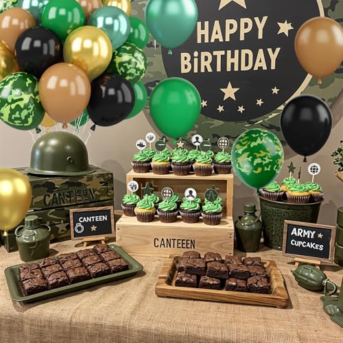 Image of Green Brown Camo Balloons, 30Pcs 12inch Camouflage Brown Dark Green Black Metallic Gold Silver Balloons For Party Decorations Birthday Party Hunting Camping Jungle Themed Supplies