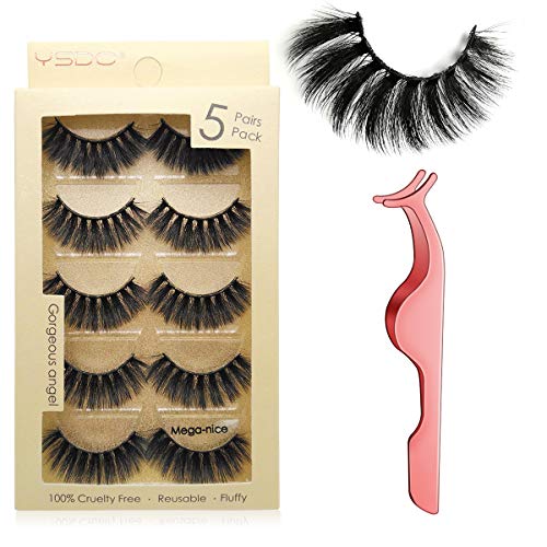 False Eyelashes 5 Pairs Reusable 3D Mink Lashes Handmade Natural Thick Fake Eyelashes Contains Stainless Steel Eyelash Tweezers (Mega-nice)