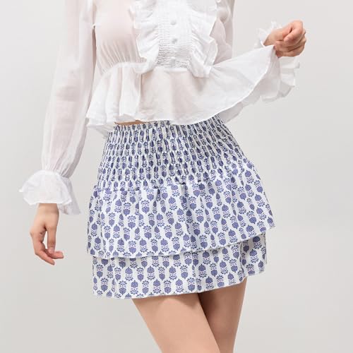 Women's Summer Smocked Mini Skirts Boho Floral High Waist A-Line Short Skirts Layered Ruffle Skirts Streetwear3